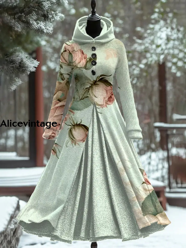 Floral Art Print Vintage Elegant Long Sleeve Maxi Dress A / S