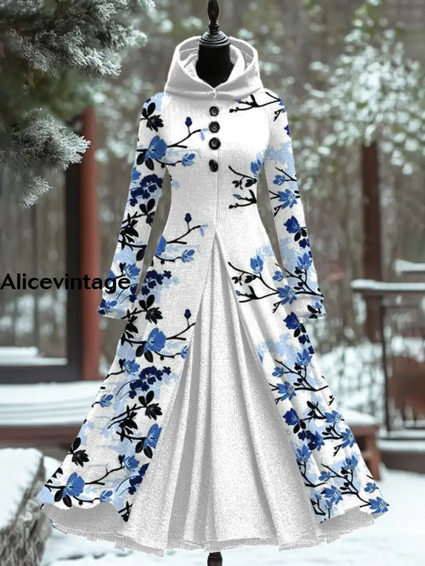 Floral Art Print Vintage Elegant Long Sleeve Maxi Dress A / S