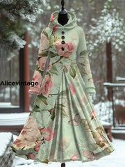 Floral Art Print Vintage Elegant Long Sleeve Maxi Dress A / S