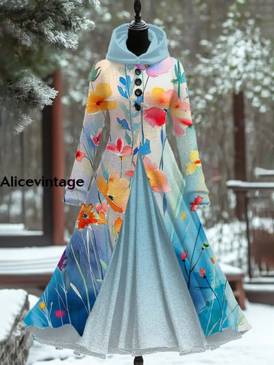 Floral Art Print Vintage Elegant Long Sleeve Maxi Dress A / S