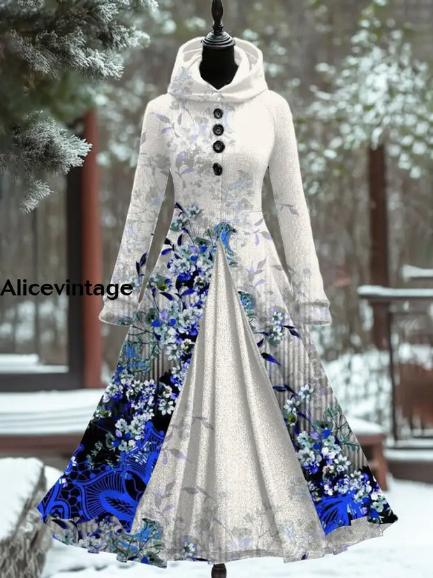 Floral Art Print Vintage Elegant Long Sleeve Maxi Dress A / S