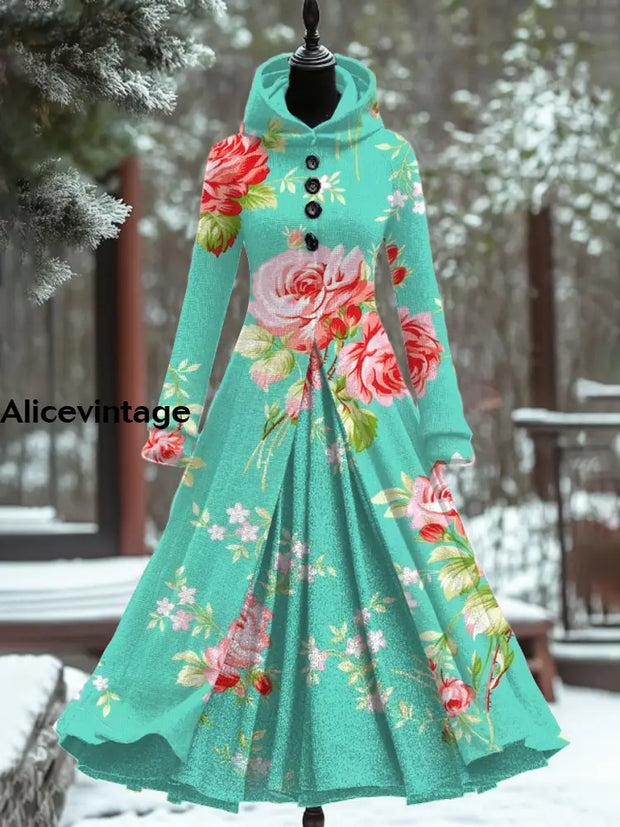 Floral Art Print Vintage Elegant Long Sleeve Maxi Dress A / S