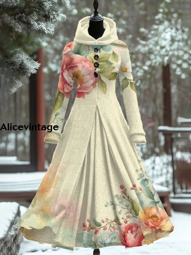 Floral Art Print Vintage Elegant Long Sleeve Maxi Dress A / S