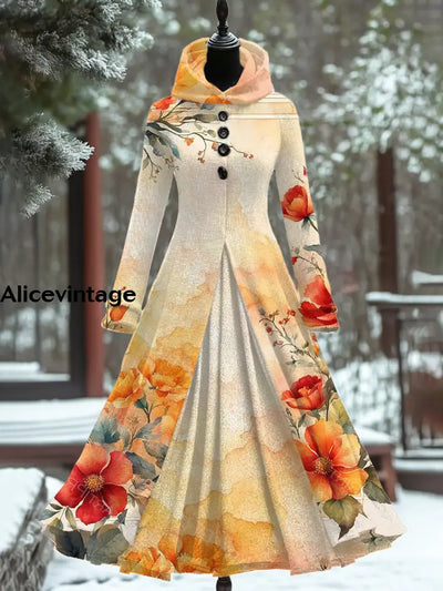 Floral Art Print Vintage Elegant Long Sleeve Maxi Dress A / S