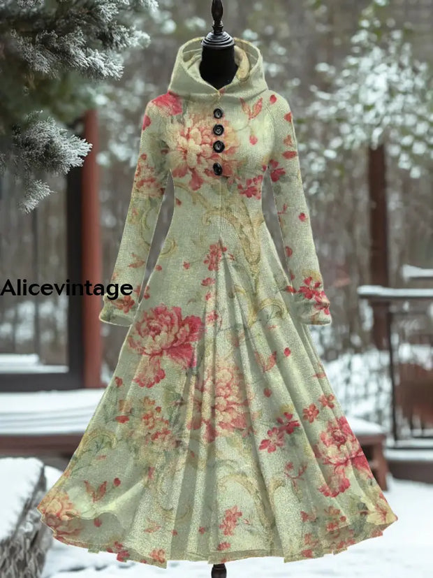 Floral Art Print Vintage Elegant Long Sleeve Maxi Dress A / S