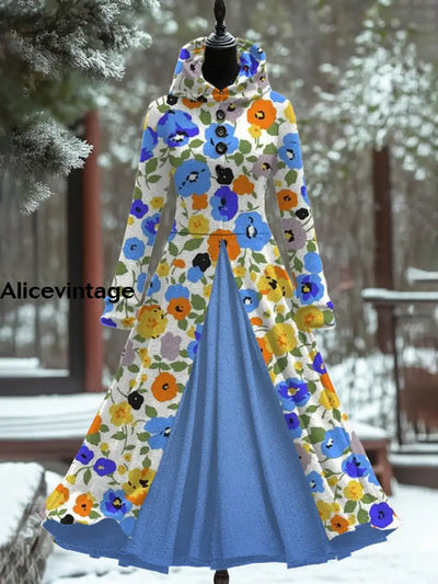 Floral Art Print Vintage Elegant Long Sleeve Maxi Dress Fake Two Piece A / S