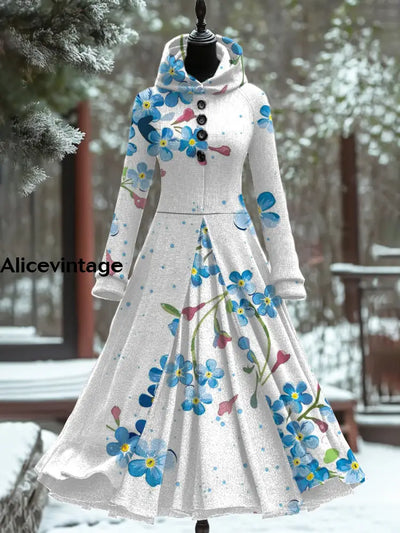 Floral Art Print Vintage Elegant Long Sleeve Maxi Dress Fake Two Piece A / S