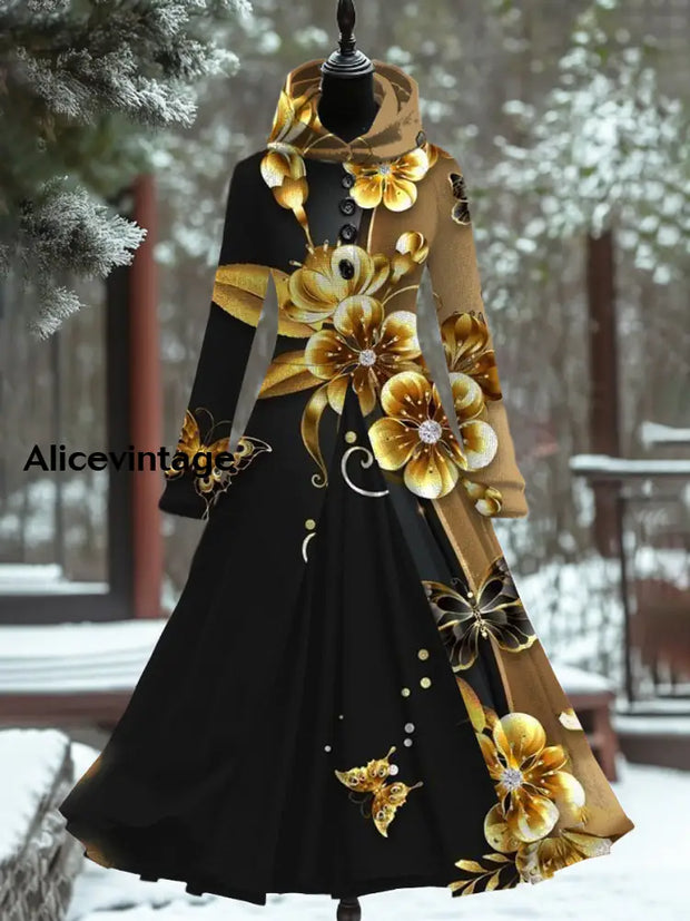 Floral Art Print Vintage Elegant Long Sleeve Maxi Fake Two-Piece Dress A / S