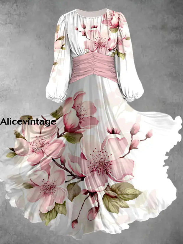 Floral Art Print Vintage Elegant Round Neck Long Sleeve Midi Dress A / S