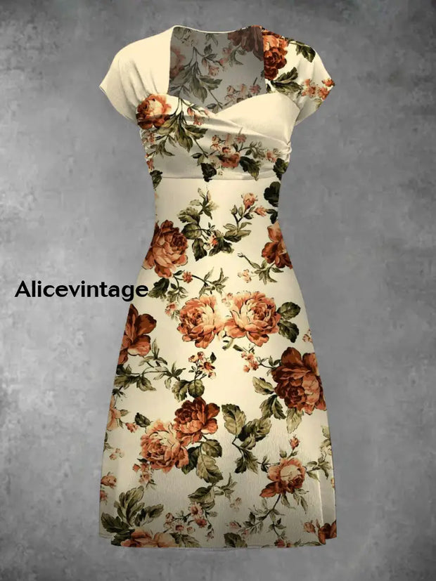Floral Art Print Vintage Elegant Short Sleeve Midi Dress A / S