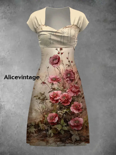 Floral Art Print Vintage Elegant Short Sleeve Midi Dress A / S