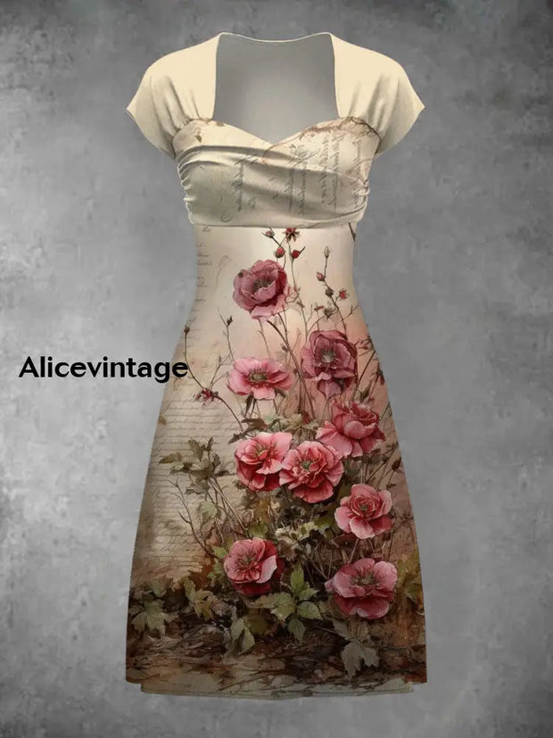 Floral Art Print Vintage Elegant Short Sleeve Midi Dress A / S