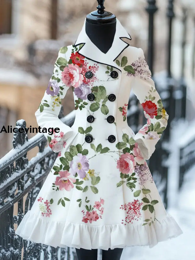 Floral Art Print Vintage Elegant Stand-Up Collar Long Sleeve Coat Dress A / S