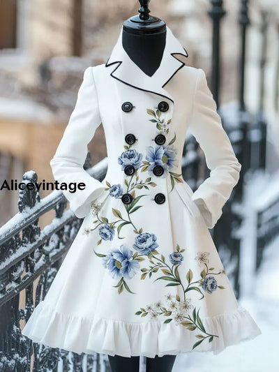 Floral Art Print Vintage Elegant Stand-Up Collar Long Sleeve Coat Dress A / S