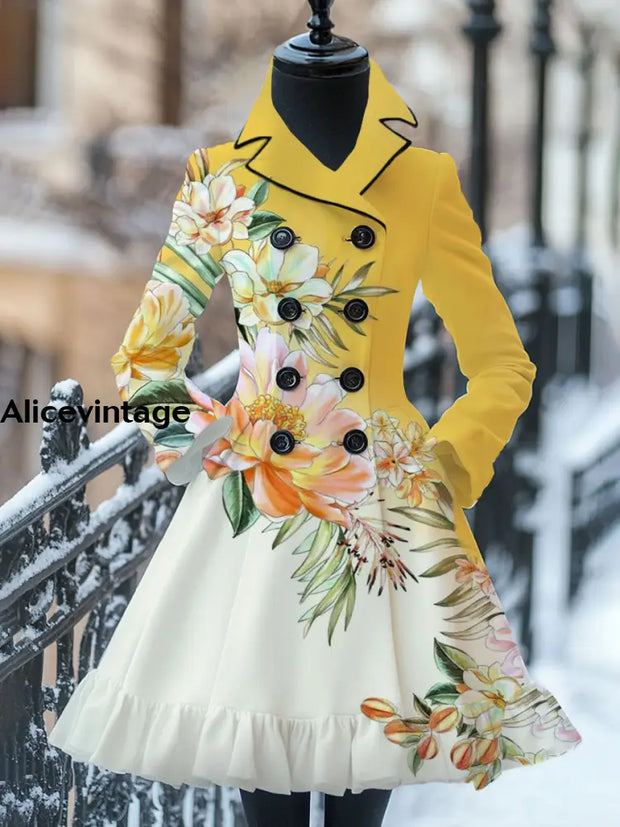 Floral Art Print Vintage Elegant Stand-Up Collar Long Sleeve Coat Dress A / S