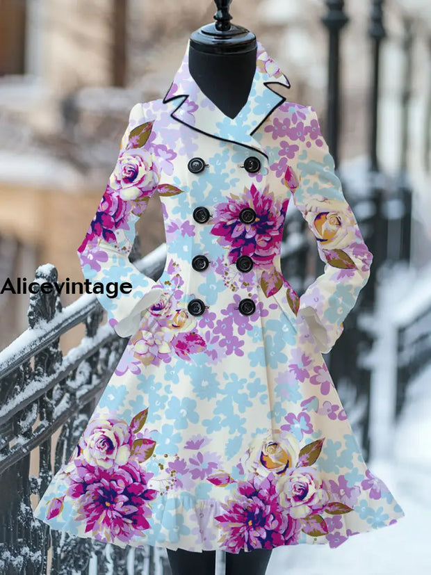 Floral Art Print Vintage Elegant Stand-Up Collar Long Sleeve Coat Dress A / S