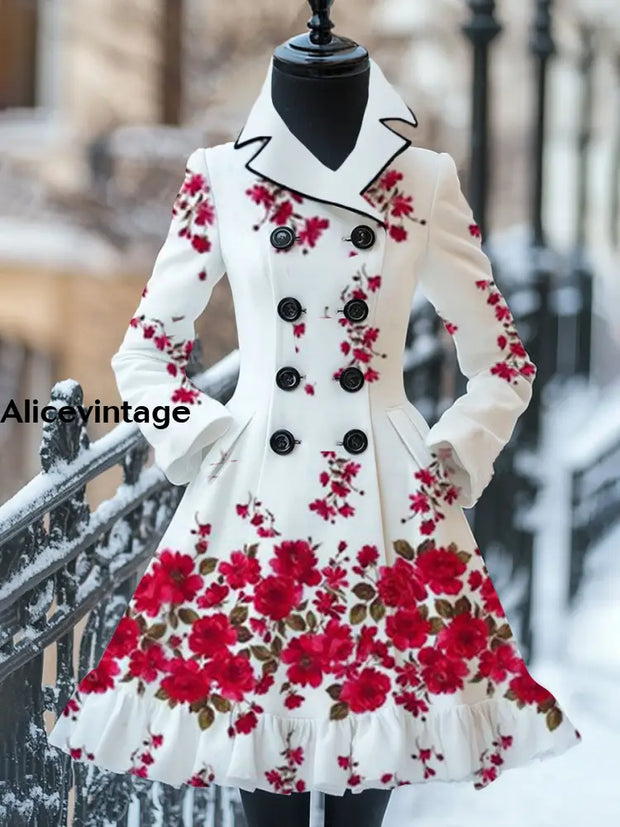 Floral Art Print Vintage Elegant Stand-Up Collar Long Sleeve Coat Dress A / S