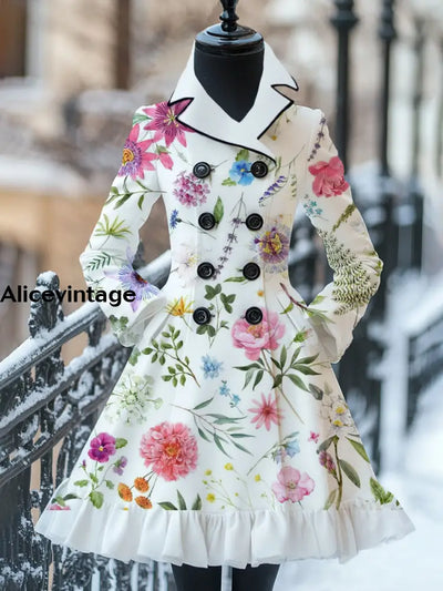 Floral Art Print Vintage Elegant Stand-Up Collar Long Sleeve Coat Dress A / S