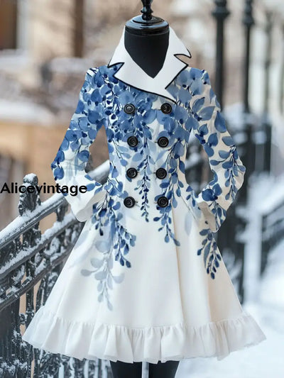 Floral Art Print Vintage Elegant Stand-Up Collar Long Sleeve Coat Dress A / S