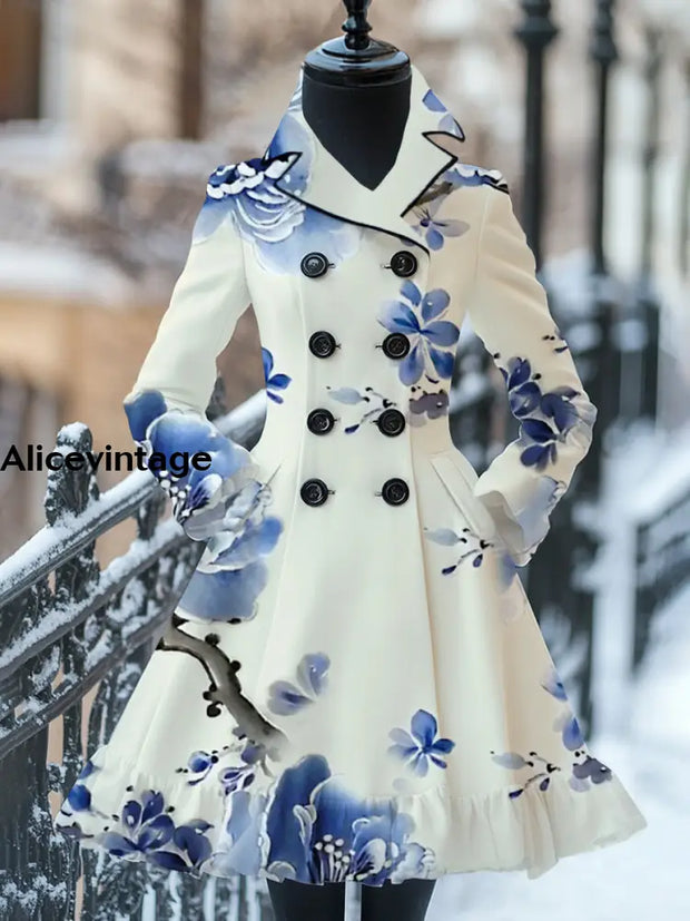 Floral Art Print Vintage Elegant Stand-Up Collar Long Sleeve Coat Dress A / S