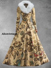 Floral Art Print Vintage Elegant V-Neck Fur Collar Long Sleeve Midi Dress