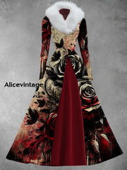 Floral Art Print Vintage Elegant V-Neck Fur Collar Long Sleeve Midi Dress