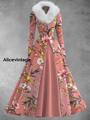 Floral Art Print Vintage Elegant V-Neck Fur Collar Long Sleeve Midi Dress