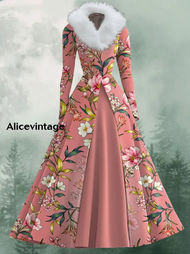 Floral Art Print Vintage Elegant V-Neck Fur Collar Long Sleeve Midi Dress A / S