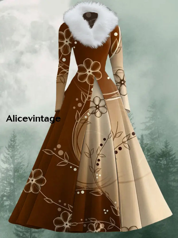 Floral Art Print Vintage Elegant V-Neck Fur Collar Long Sleeve Midi Dress A / S