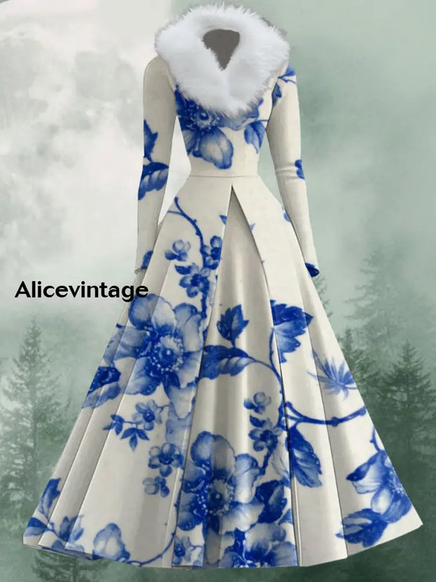 Floral Art Print Vintage Elegant V-Neck Fur Collar Long Sleeve Midi Dress A / S