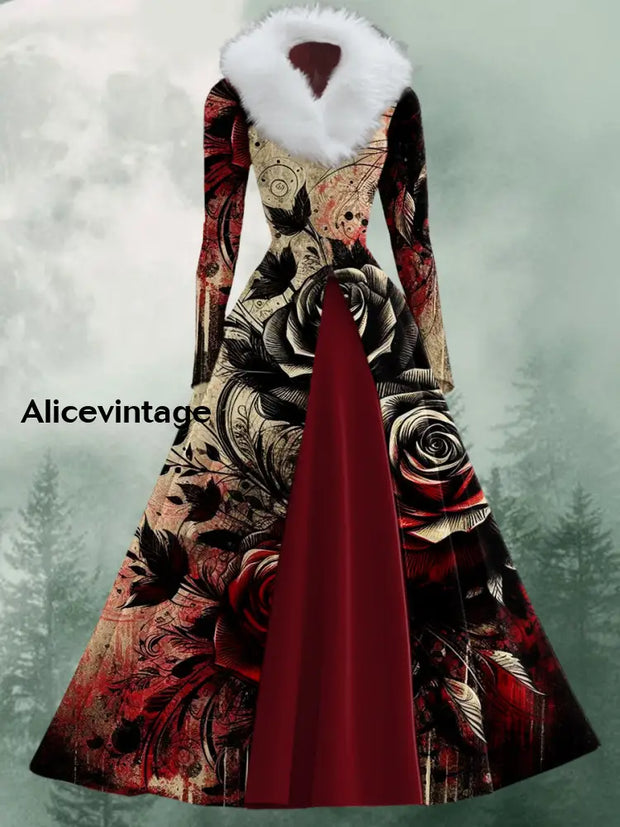 Floral Art Print Vintage Elegant V-Neck Fur Collar Long Sleeve Midi Dress A / S