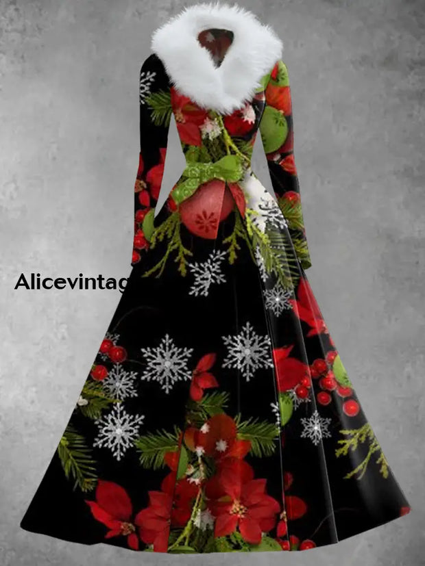 Floral Art Print Vintage Elegant V-Neck Fur Collar Long Sleeve Midi Dress A / S