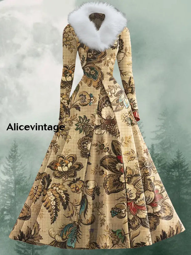 Floral Art Print Vintage Elegant V-Neck Fur Collar Long Sleeve Midi Dress A / S