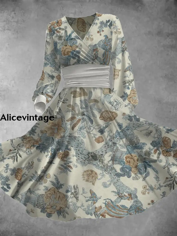 Floral Art Print Vintage Elegant V-Neck Long Sleeve Midi Dress A / S