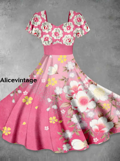 Floral Art Print Vintage Fashion Short Sleeve Midi Dress A / S