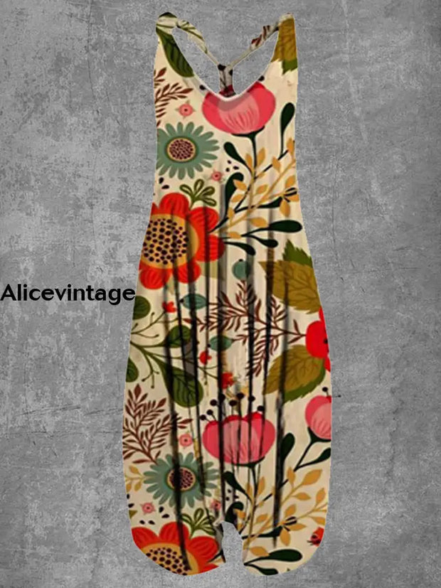 Floral Art Print Vintage Loose Jumpsuit A / S