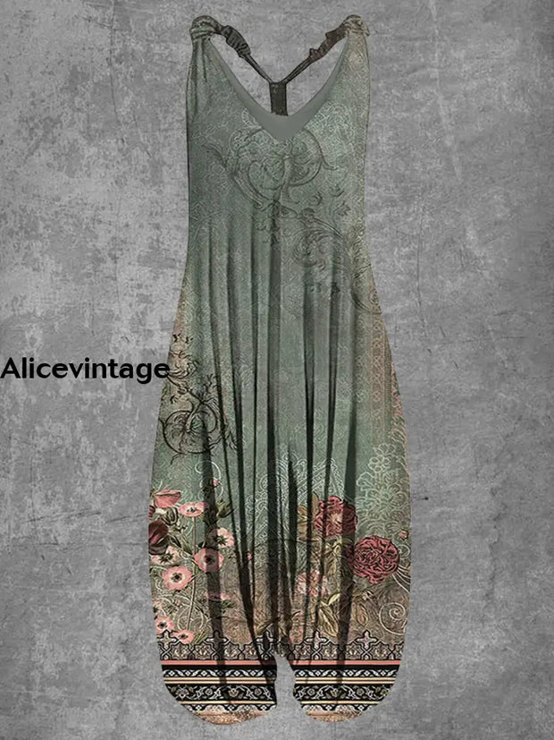 Floral Art Print Vintage Loose Jumpsuit A / S