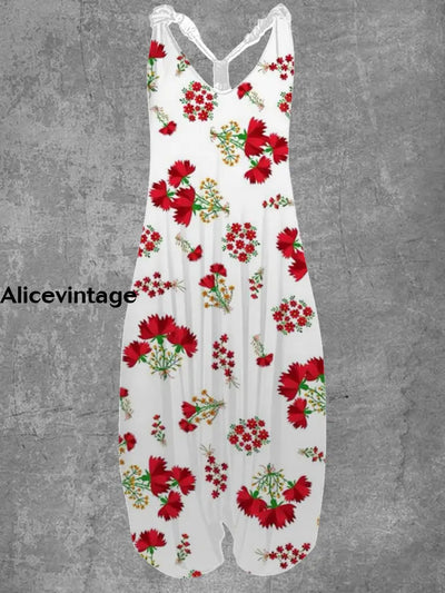 Floral Art Print Vintage Loose Jumpsuit A / S