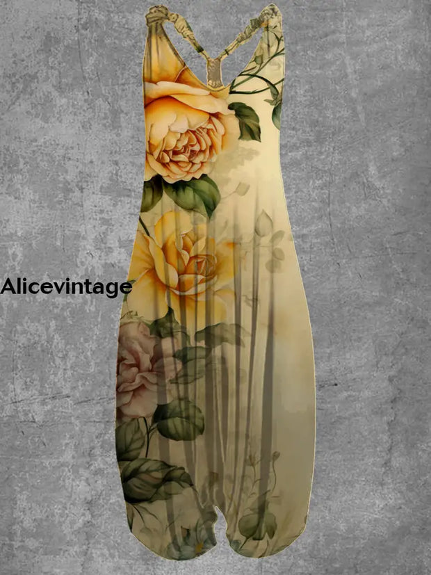 Floral Art Print Vintage Loose Jumpsuit A / S