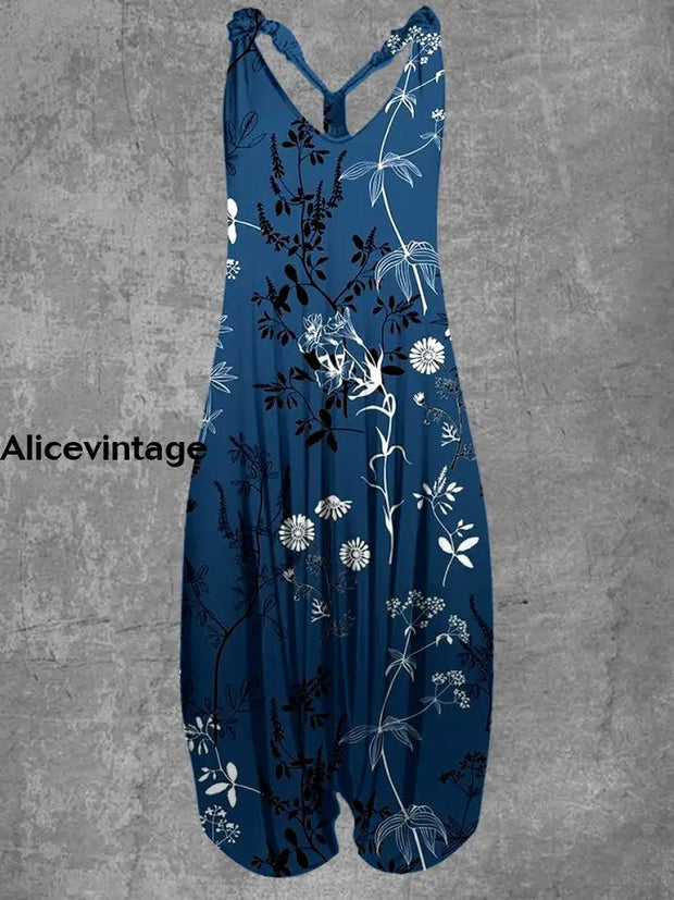 Floral Art Print Vintage Loose Jumpsuit A / S