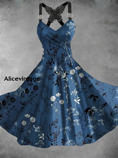 Floral Art Print Vintage Suspender Dress A / S