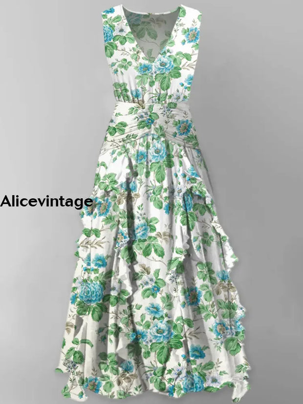 Floral Art Print Vintage V-Neck Elegant Chic Sleeveless Maxi Dress A / S