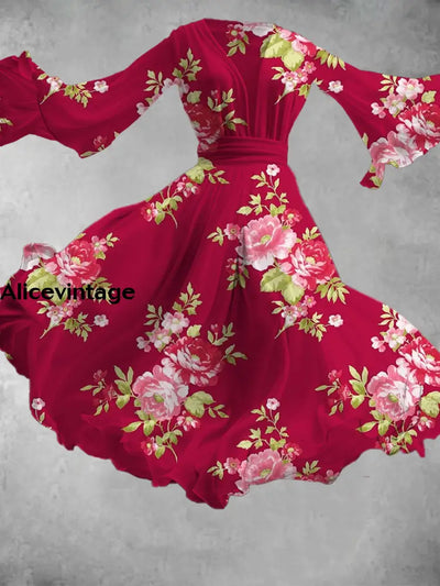 Floral Art Print Vintage V-Neck Long Sleeve Flowy Midi Dress A / S