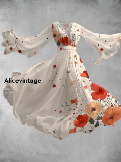 Floral Art Print Vintage V-Neck Long Sleeve Flowy Midi Dress A / S