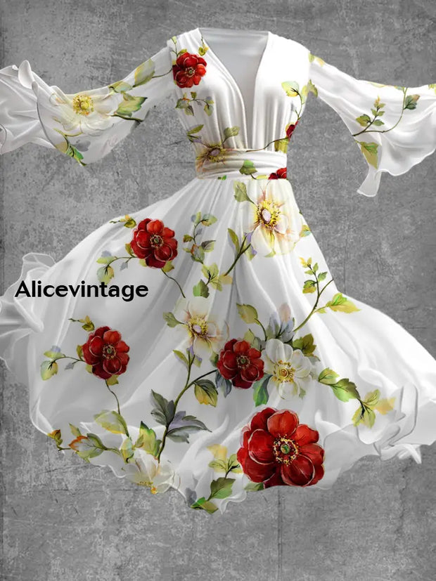 Floral Art Print Vintage V-Neck Long Sleeve Flowy Midi Dress A / S