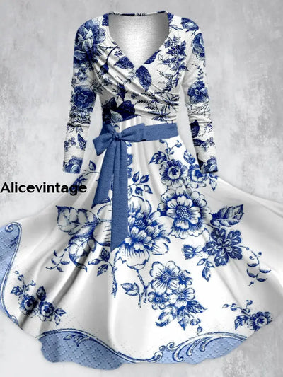 Floral Art Print Vintage V-Neck Long Sleeve Midi Dress A / S