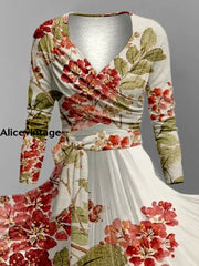 Floral Art Print Vintage V-Neck Long Sleeve Two-Piece Midi Dress