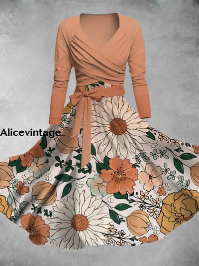 Floral Art Print Vintage V-Neck Long Sleeve Two-Piece Midi Dress A / S