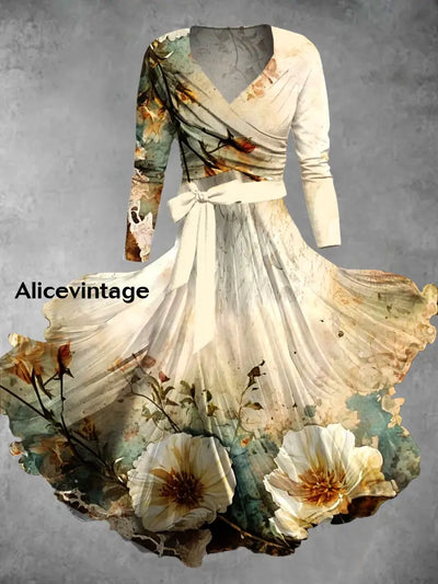 Floral Art Print Vintage V-Neck Long Sleeve Two-Piece Midi Dress A / S