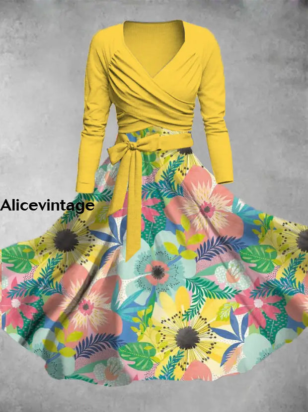 Floral Art Print Vintage V-Neck Long Sleeve Two-Piece Midi Dress A / S